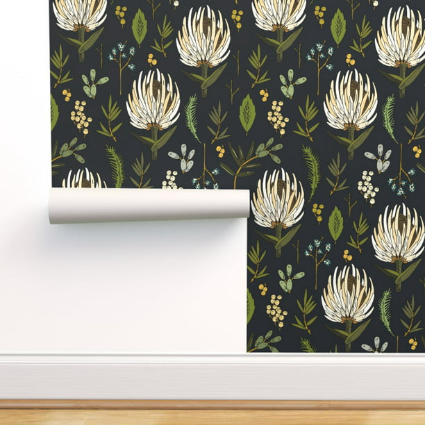 Removable Water-Activated Wallpaper Protea Modern Botanical Floral Dark Grey